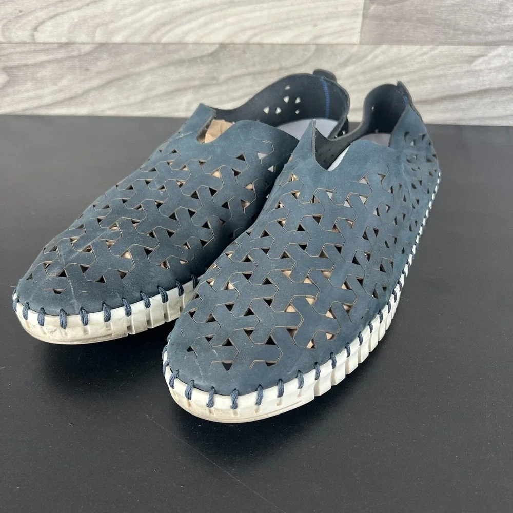 Eric Michael Inez Shoes Men's 10 Navy Blue Leather Casual‎ Slip-On Flats Preppy